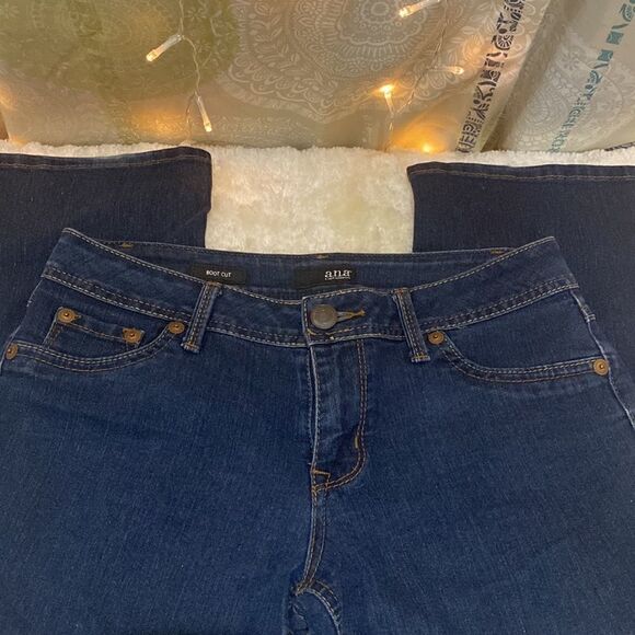 a.n.a, Boot cut jeans with accent designs on back pockets. Dark wash. Womens 4. - Picture 2 of 5